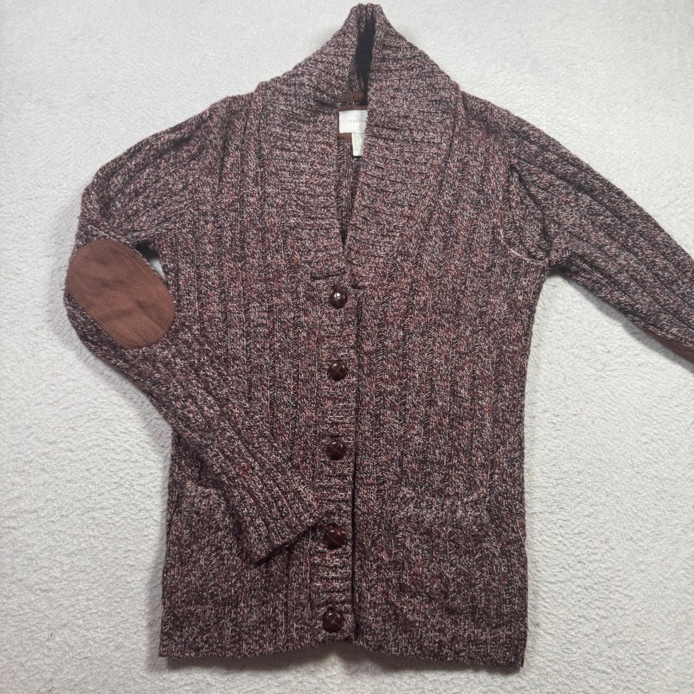 Forever 21 Cardigan Womens M Brown Good Shawl Collar Elbow Patch Marled Knit